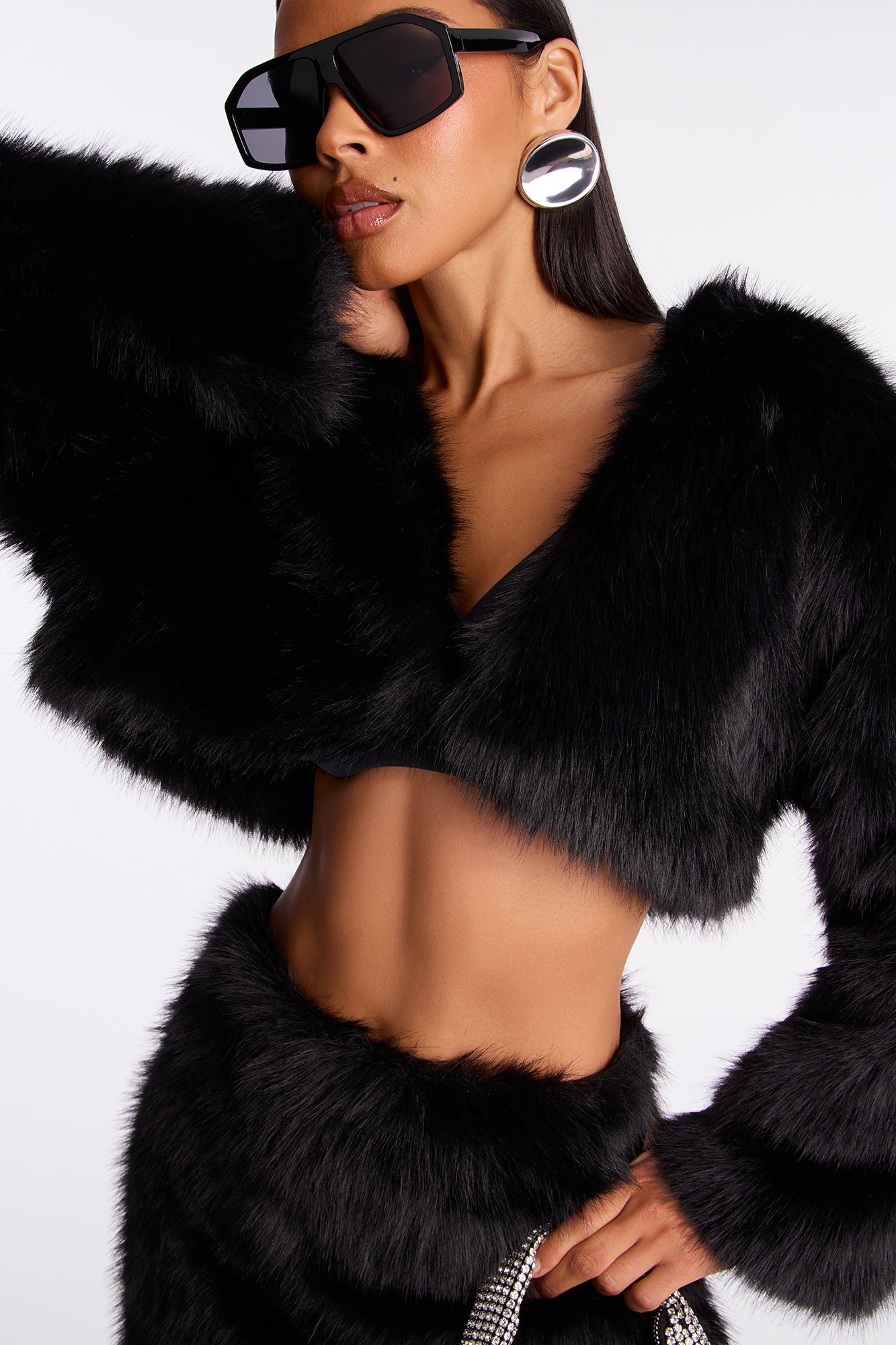 Fiona Faux Fur Mini Skirt Set - Black
