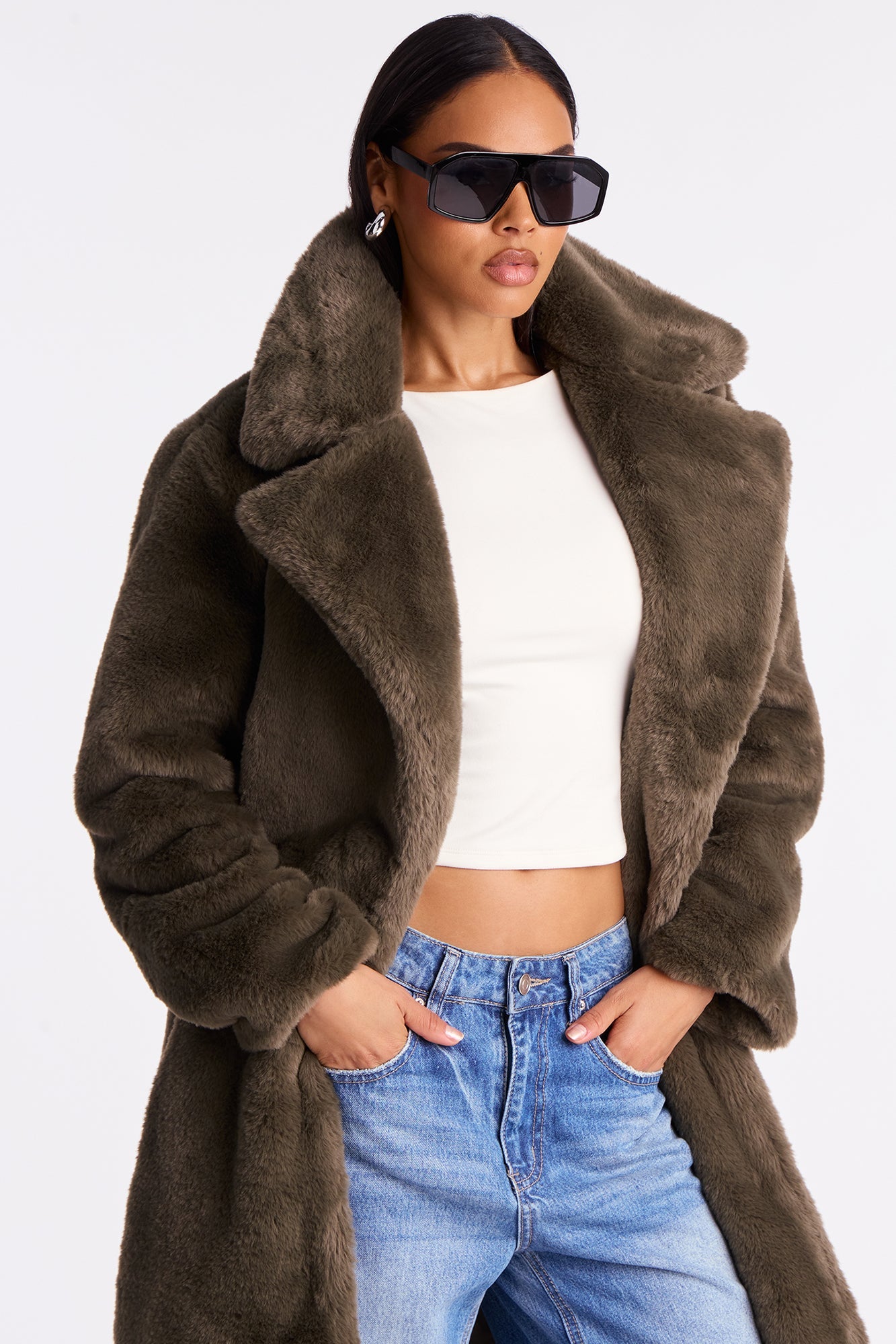 Victoria Faux Fur Trench Coat - Olive