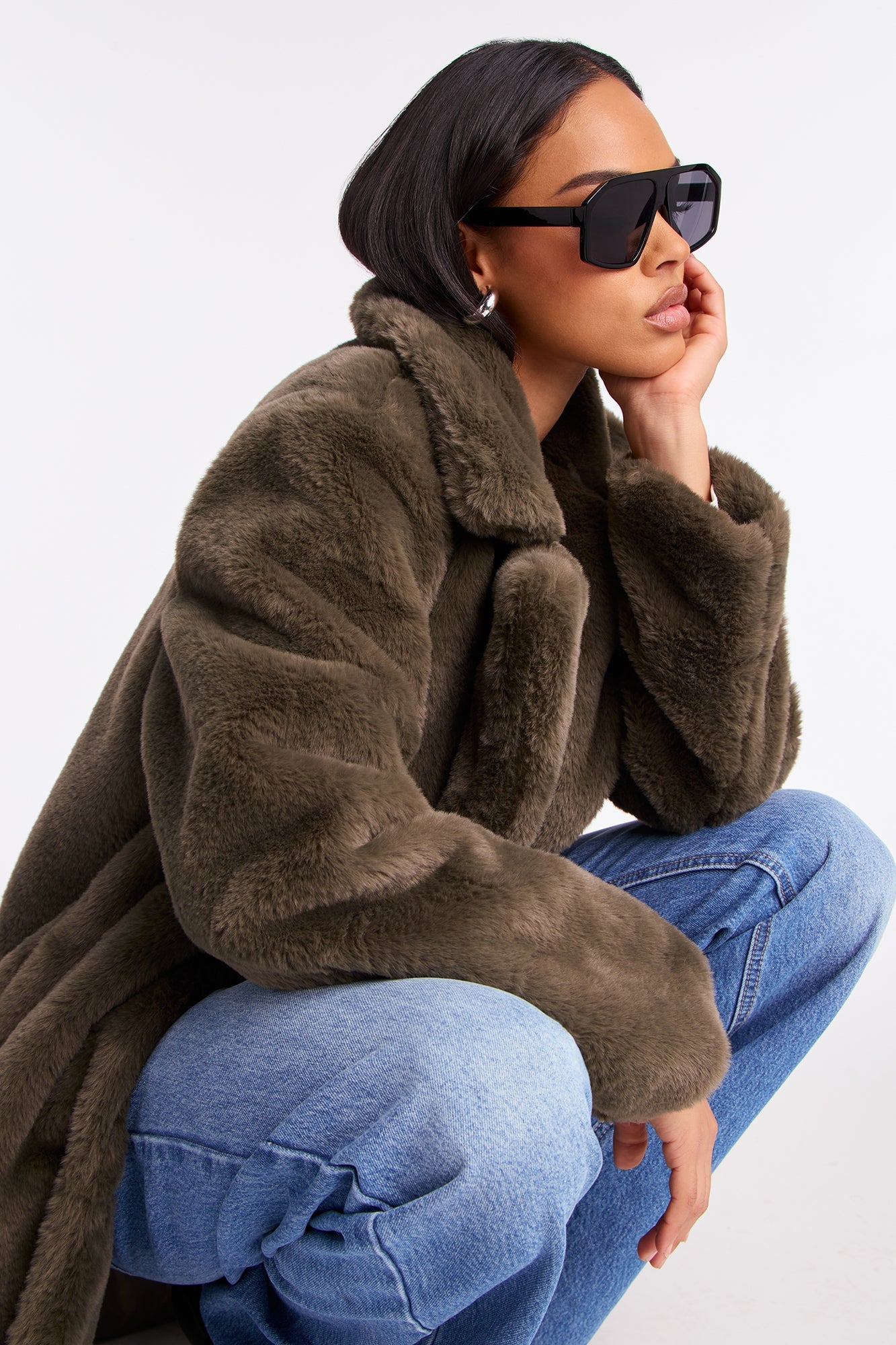 Victoria Faux Fur Trench Coat - Olive
