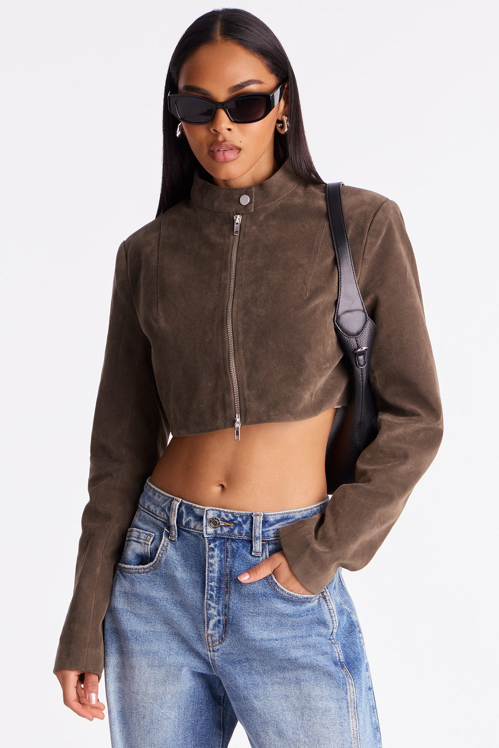 Blake Cropped Faux Suede Moto Jacket - Olive