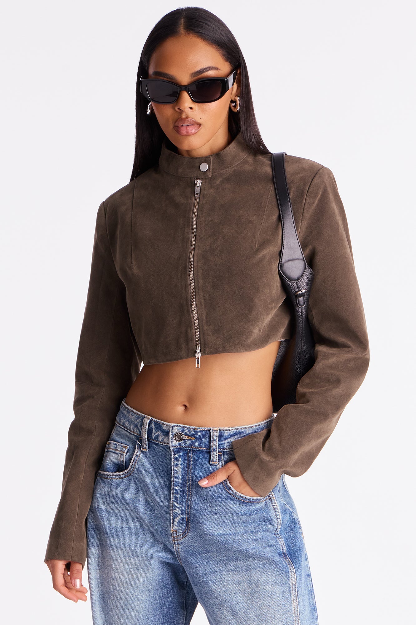 Blake Cropped Faux Suede Moto Jacket - Olive