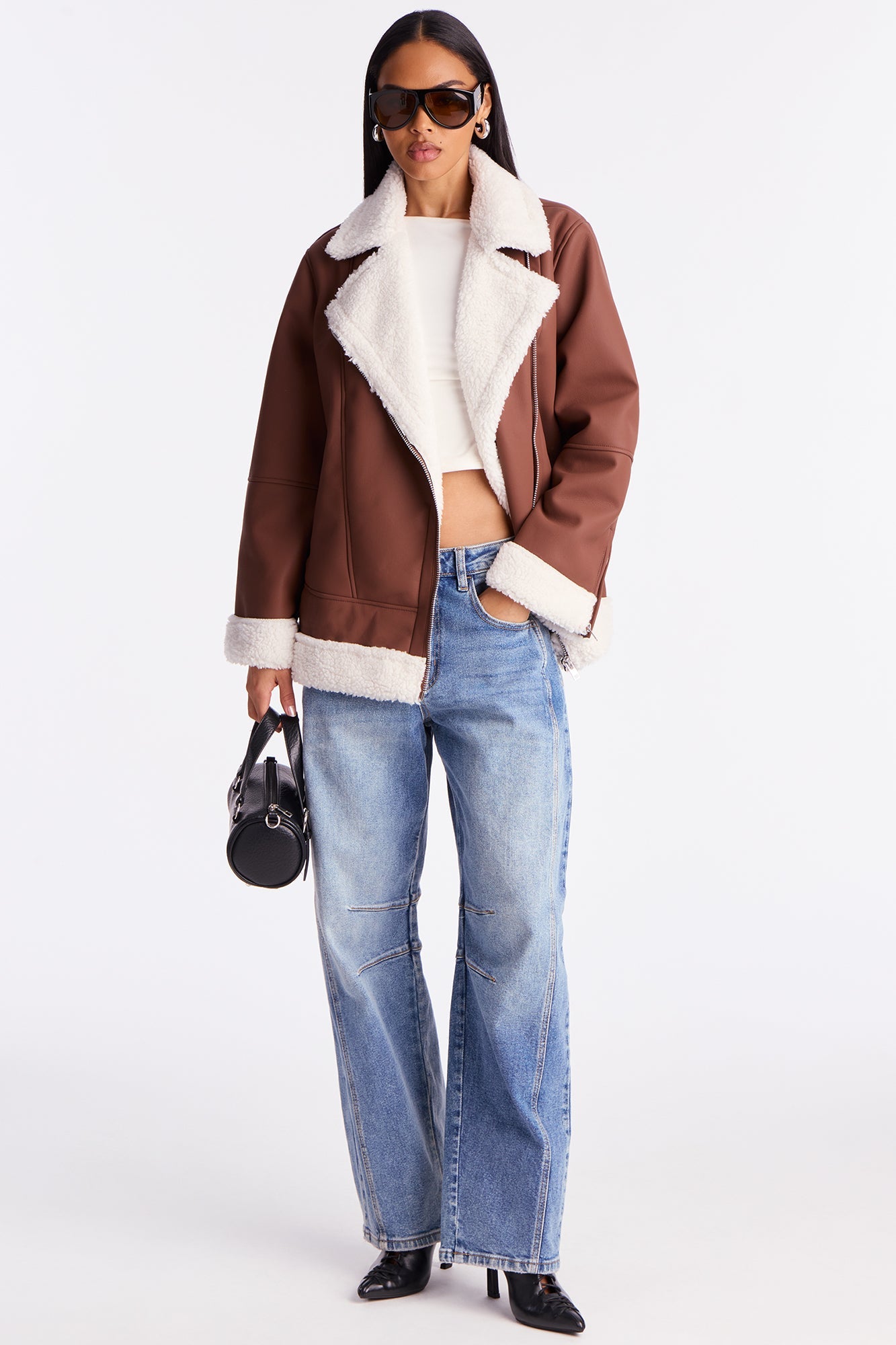 Simone Faux Leather Fur Lined Moto Jacket - Brown