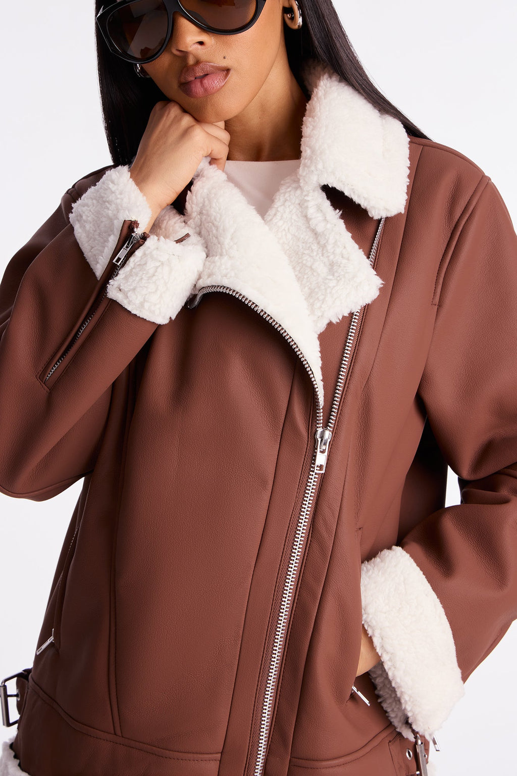 Simone Faux Leather Fur Lined Moto Jacket - Brown