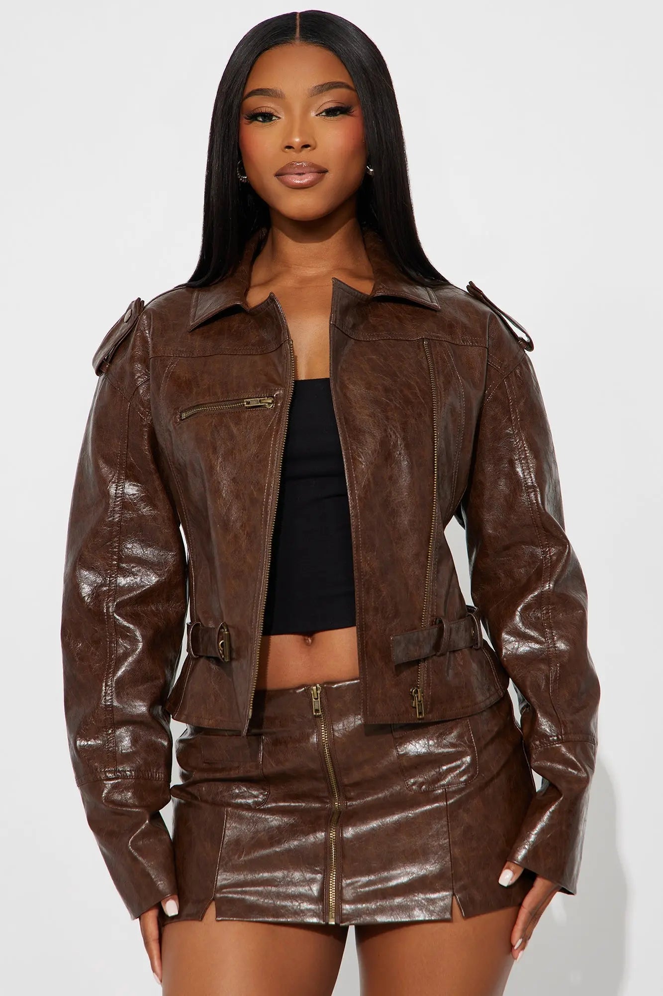Denise Faux Leather Moto Jacket - Brown 