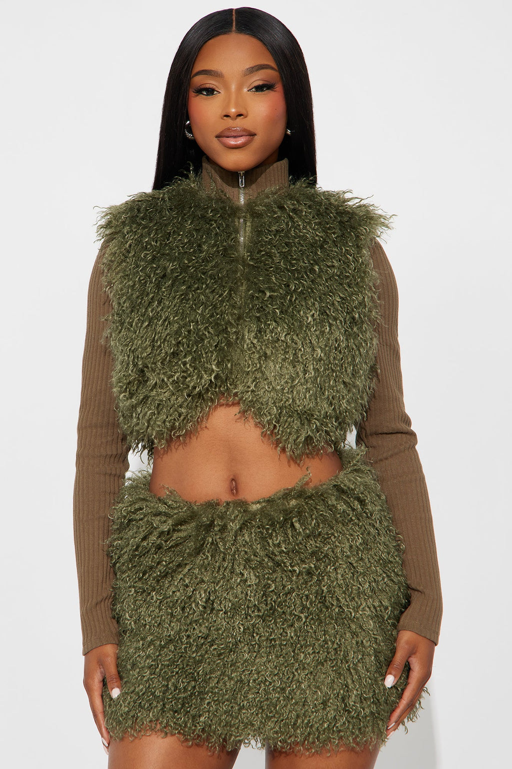Fur Fierce Faux Fur Cardigan Skirt Set - Olive
