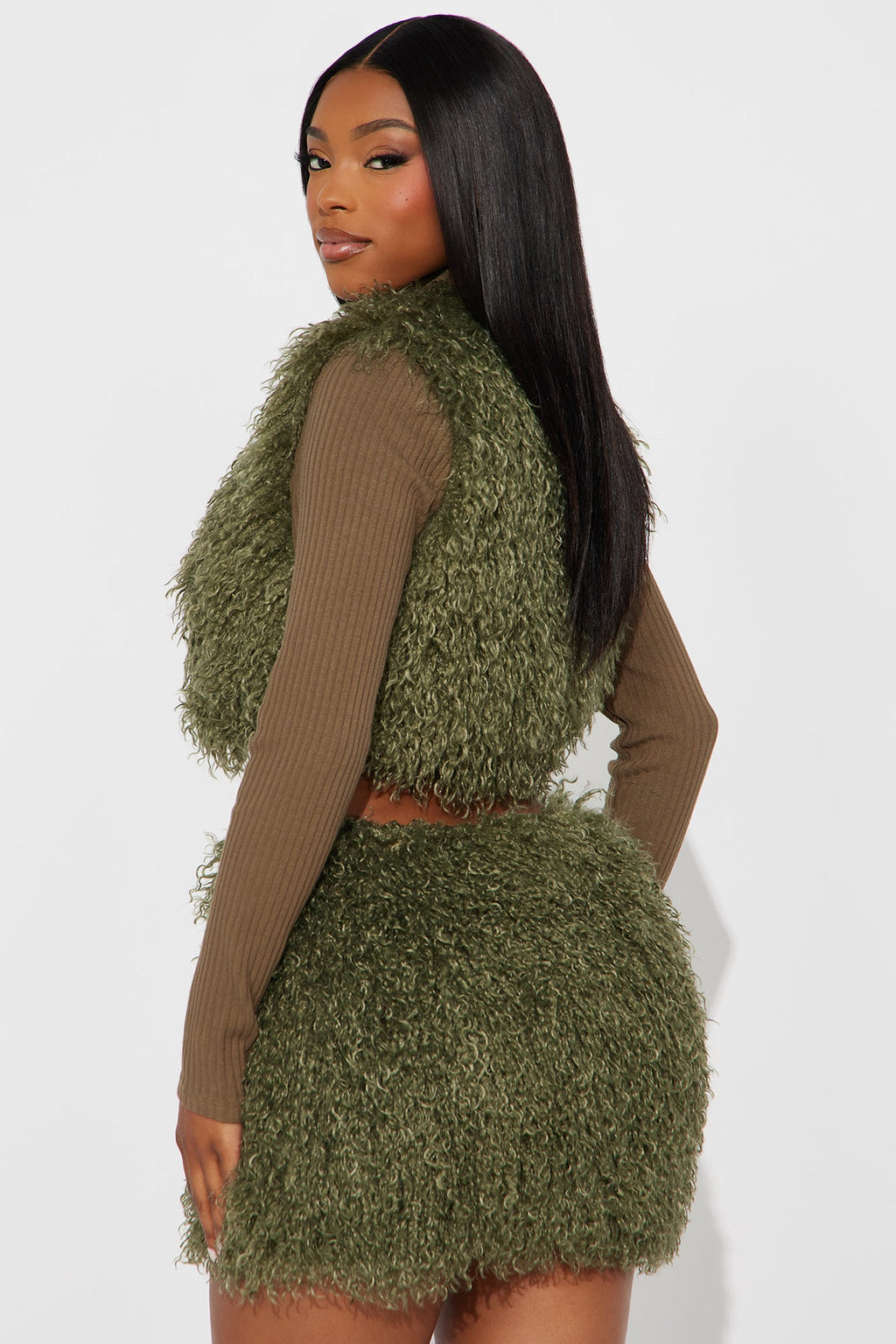 Fur Fierce Faux Fur Cardigan Skirt Set - Olive