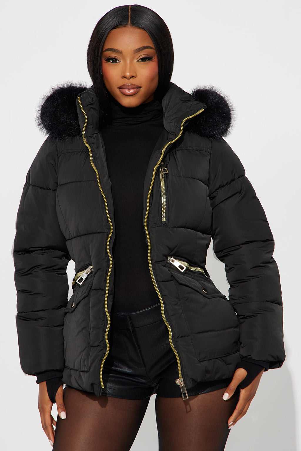 Trip To Aspen Fur Hooded Puffer Jacket - Black