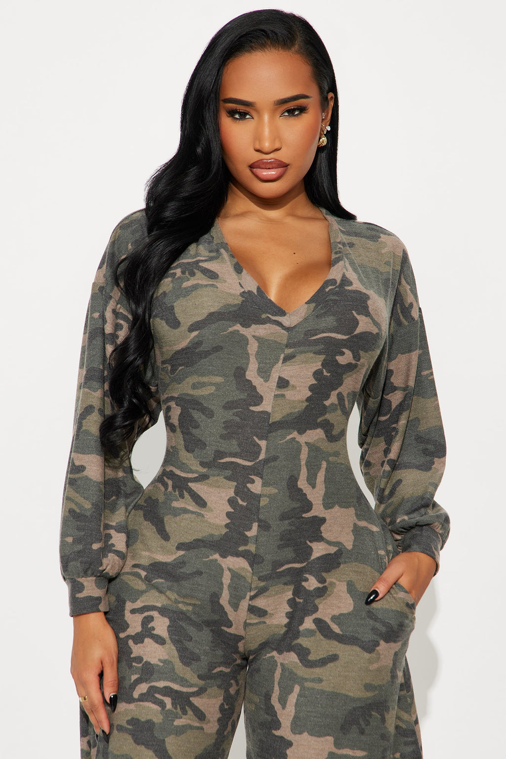 Let's Chill Camo Barrel Wide Leg Jumpsuit - Olive/combo