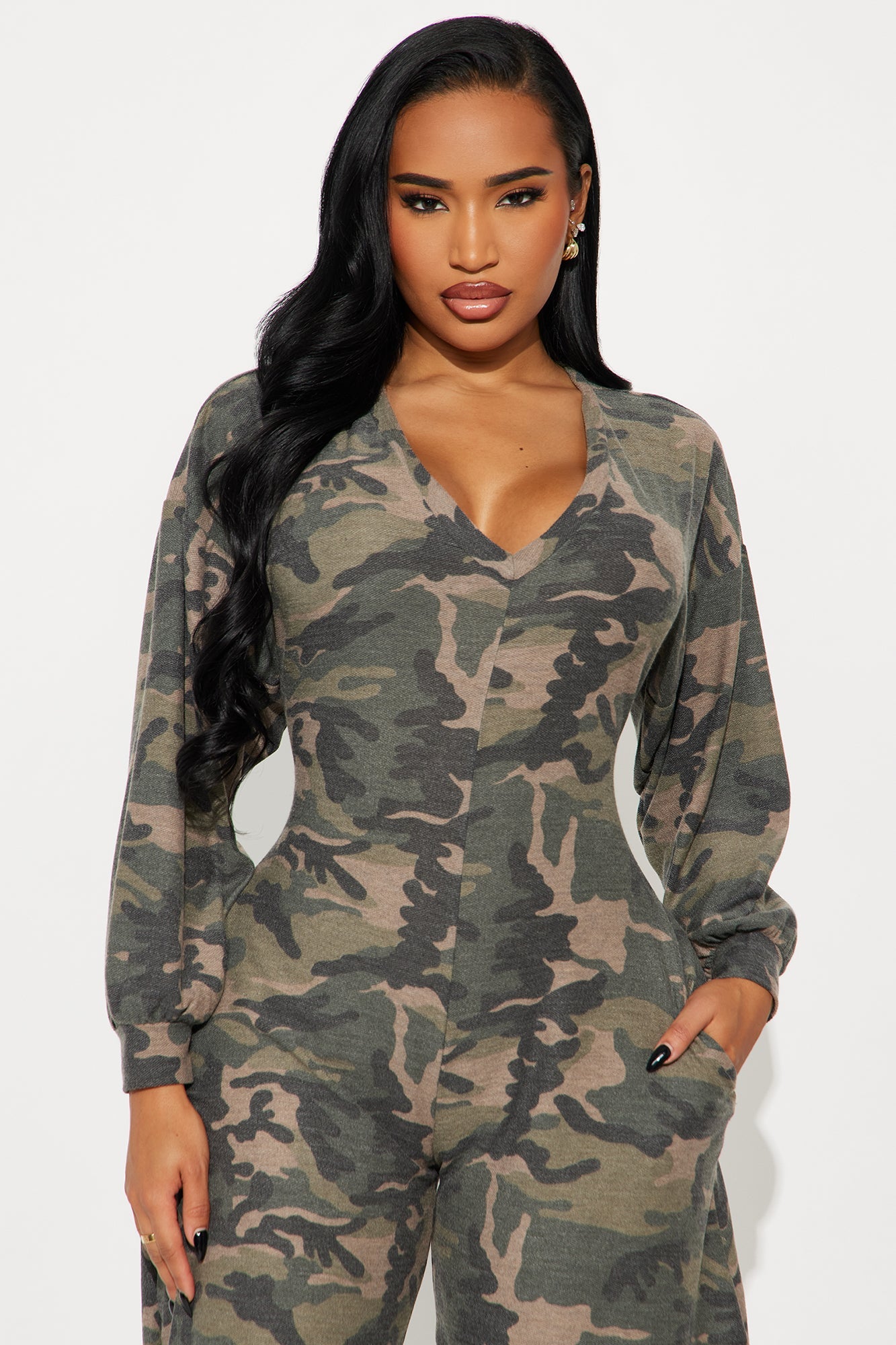Let's Chill Camo Barrel Wide Leg Jumpsuit - Olive/combo