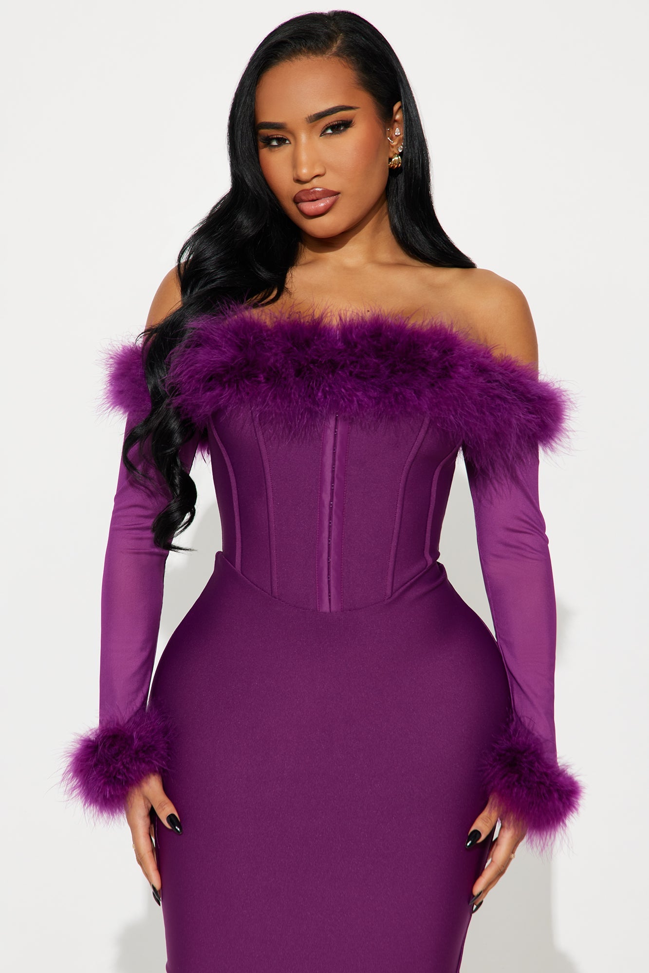 Fur Real Corset Waist Bandage Midi Dress - Plum