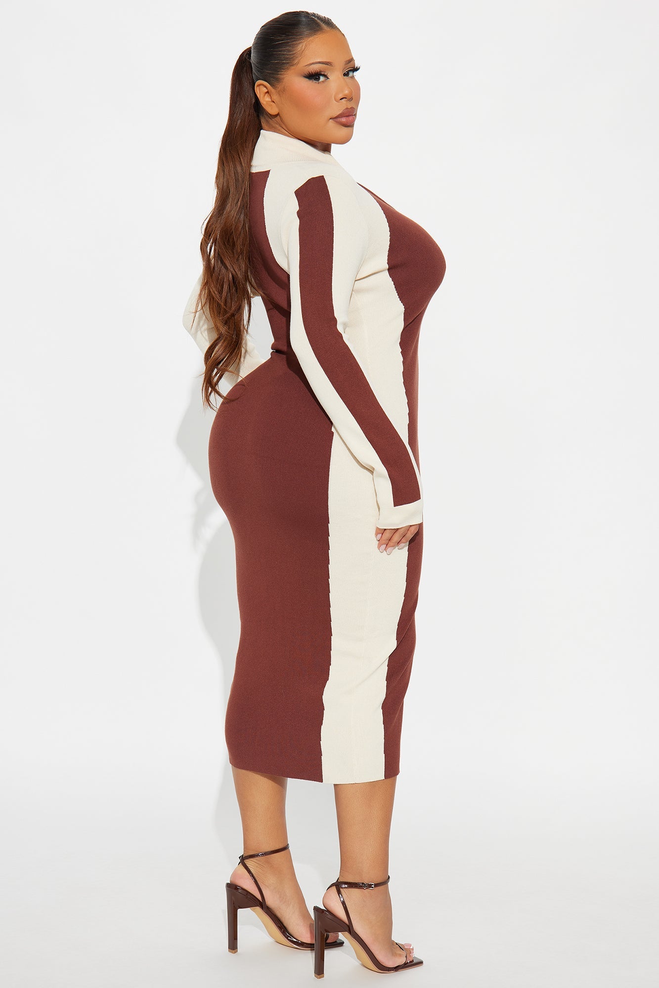 Coffee And Cream Color Block Sweater Midi Dress - Chocolate/Combo