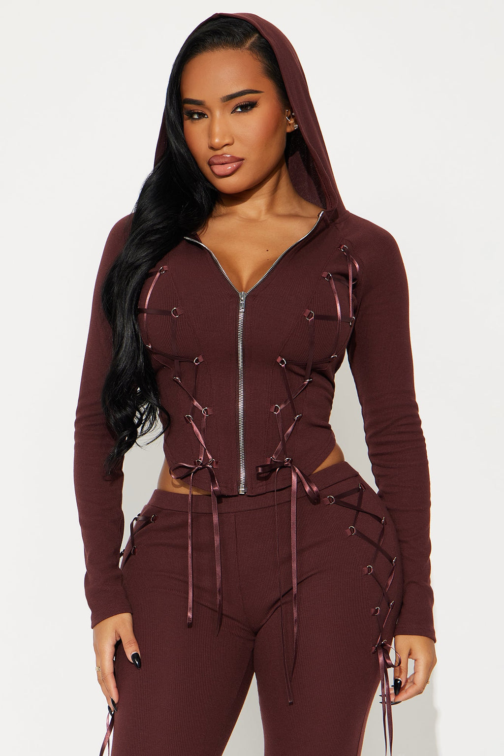 Lana Lace Up Ribbed Hoodie Pant Set - Chocolate
