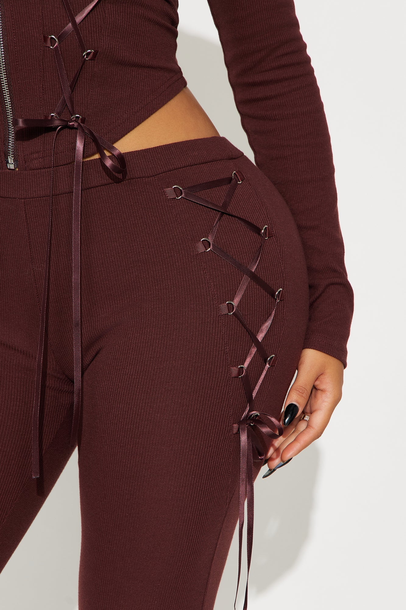 Lana Lace Up Ribbed Hoodie Pant Set - Chocolate