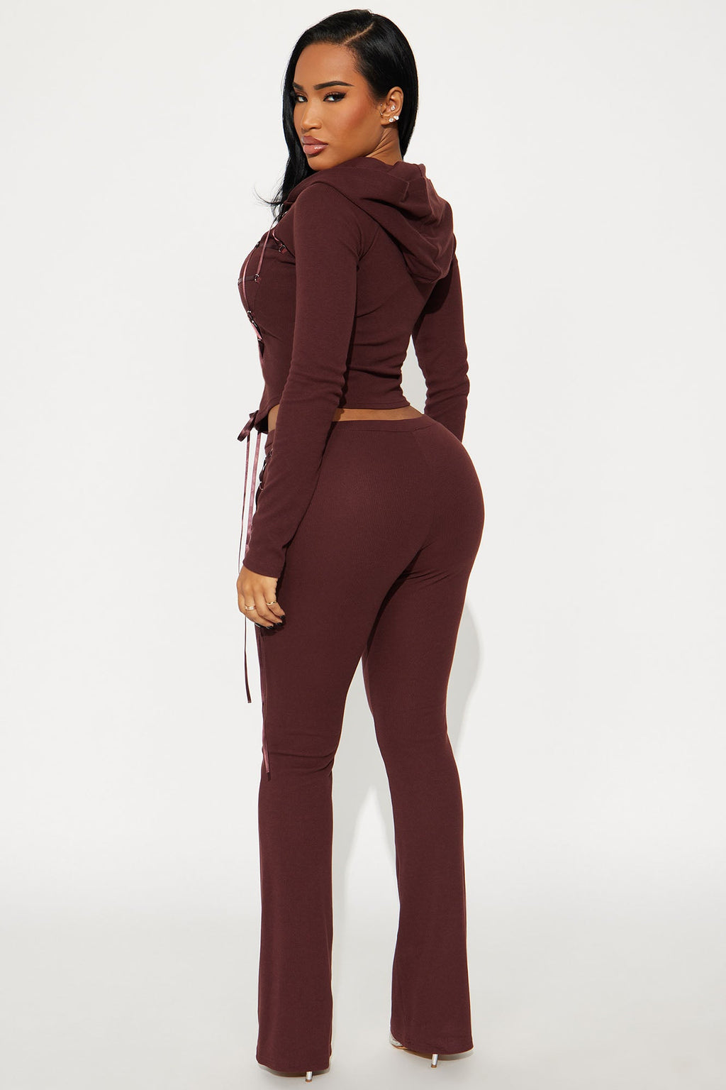 Lana Lace Up Ribbed Hoodie Pant Set - Chocolate