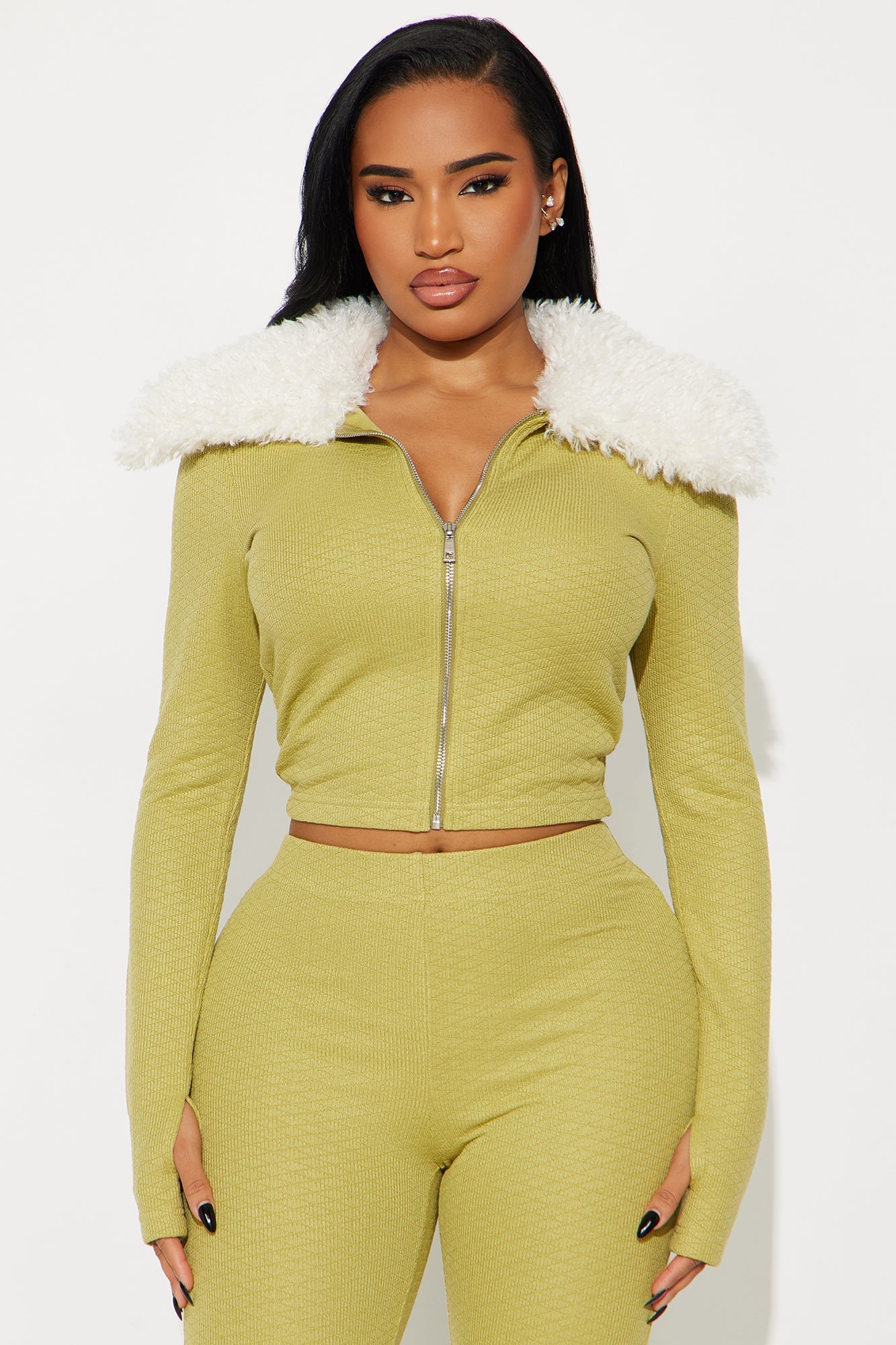 Daphne Faux Fur Trim Pant Set - Chartreuse