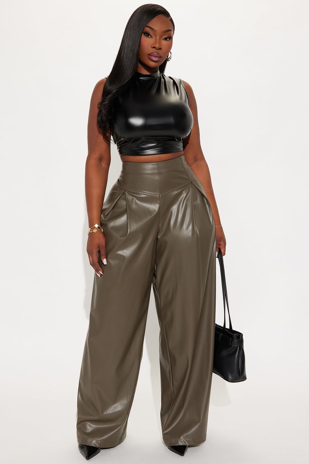 Mindful Thoughts Faux Leather Wide Leg Pant 33 - Olive