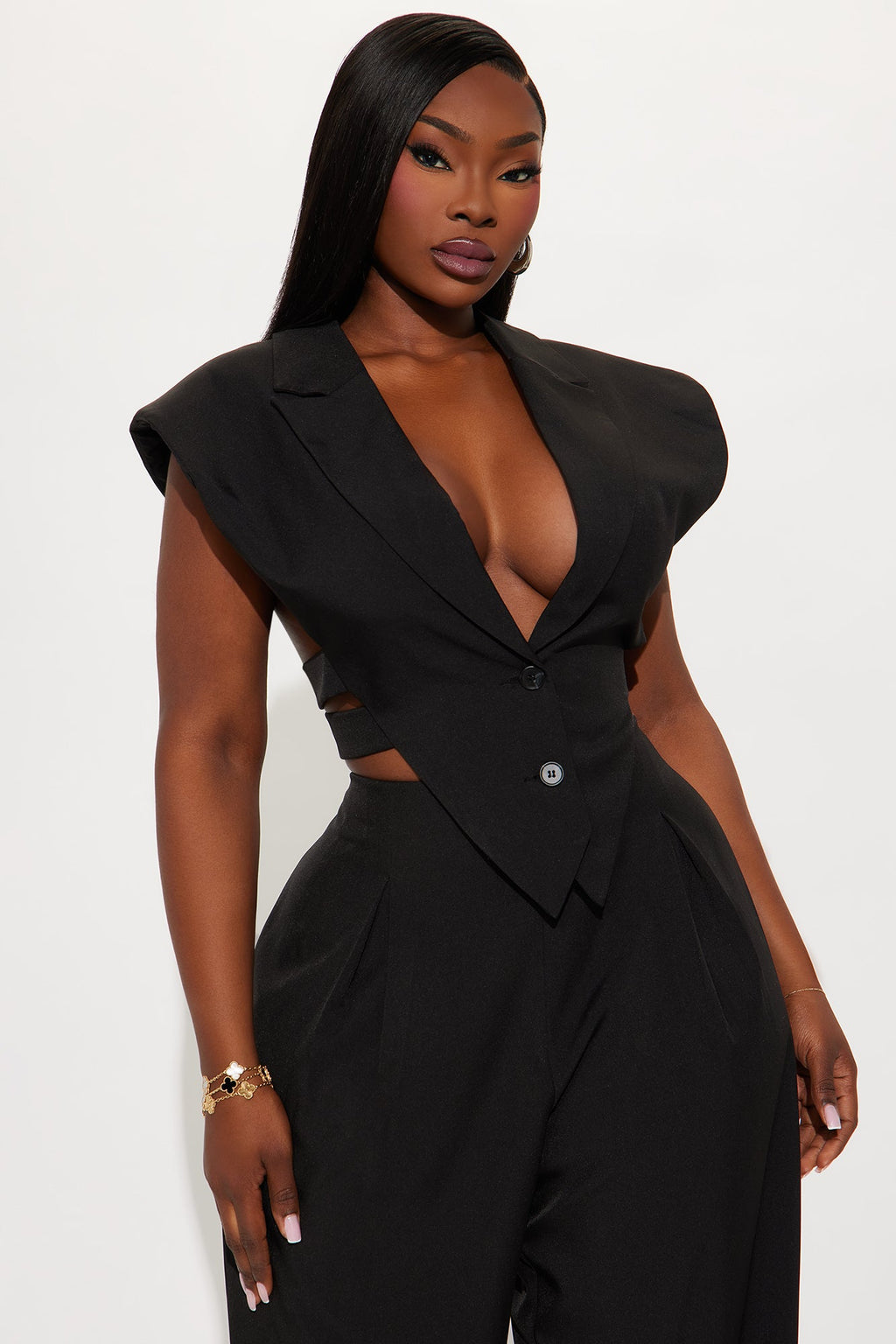 Power Play Bold Shoulder Vest Pant Set - Black