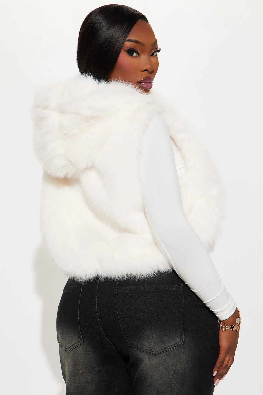 Eliza Faux Fur Hooded Vest - Cream 