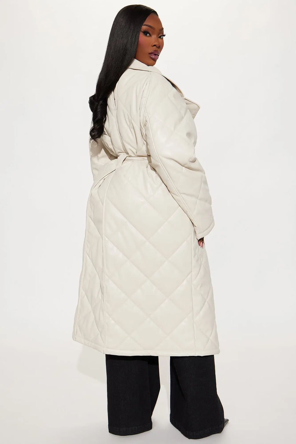 Fabiola Quilted Faux Leather Trench Coat - Stone 