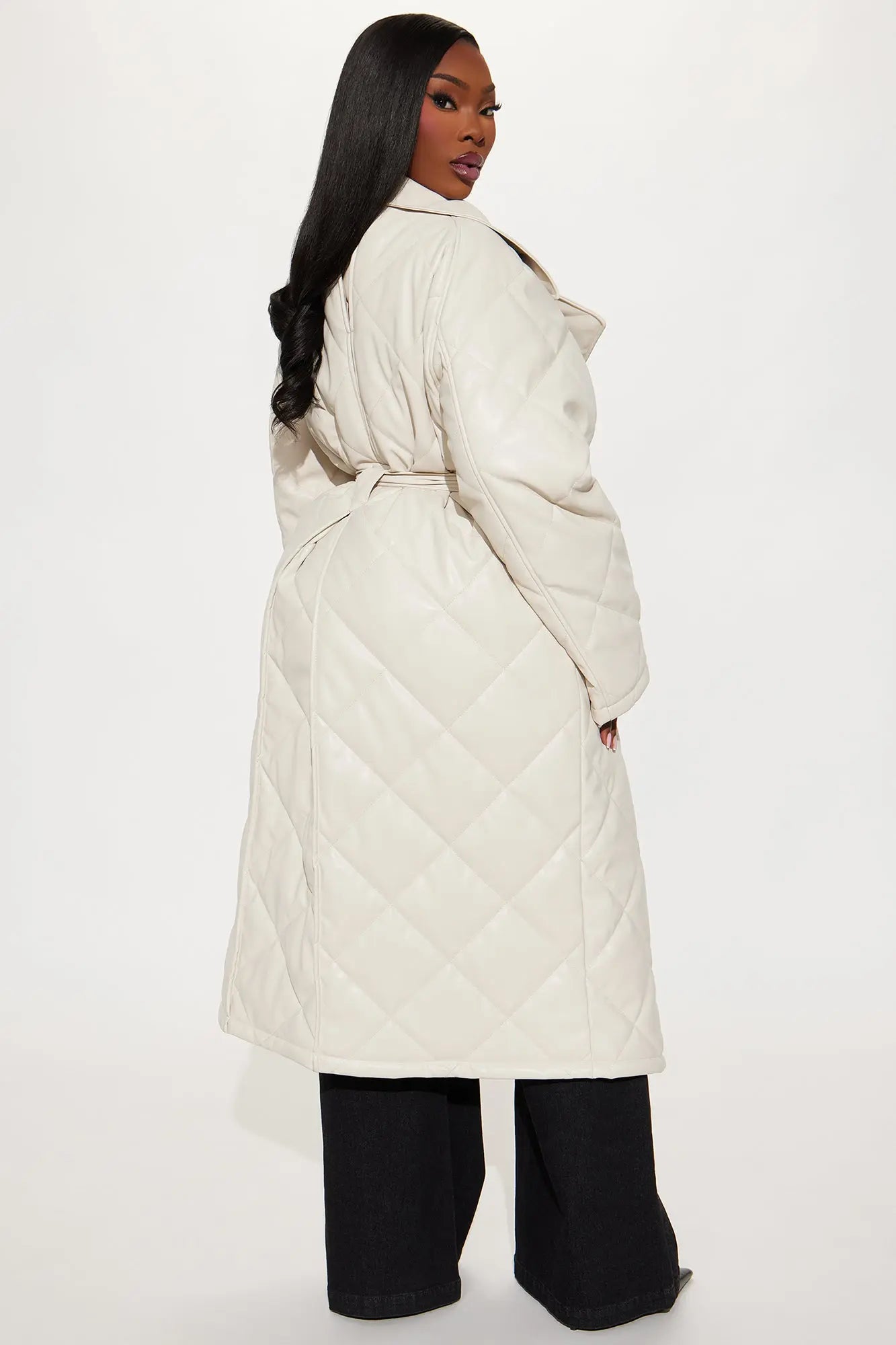 Fabiola Quilted Faux Leather Trench Coat - Stone 