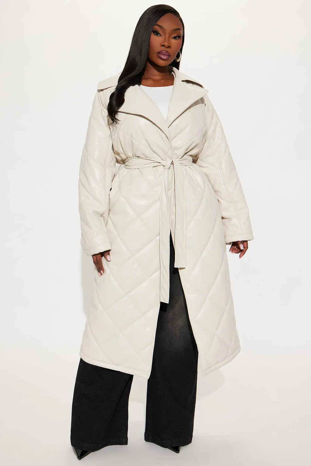 Fabiola Quilted Faux Leather Trench Coat - Stone 