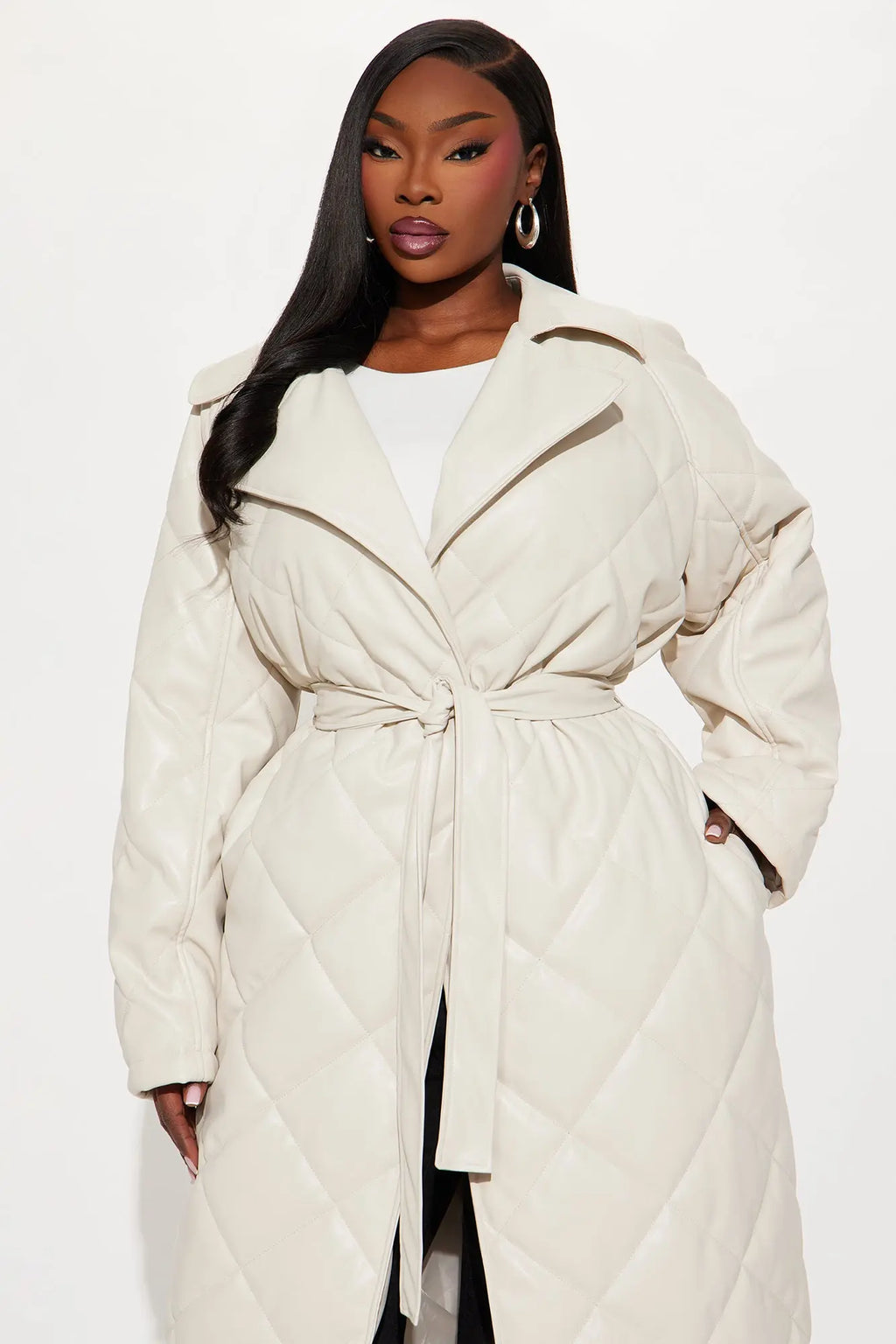 Fabiola Quilted Faux Leather Trench Coat - Stone 