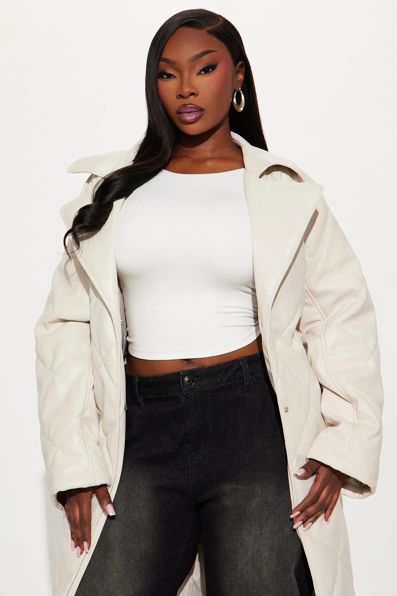 Fabiola Quilted Faux Leather Trench Coat - Stone 
