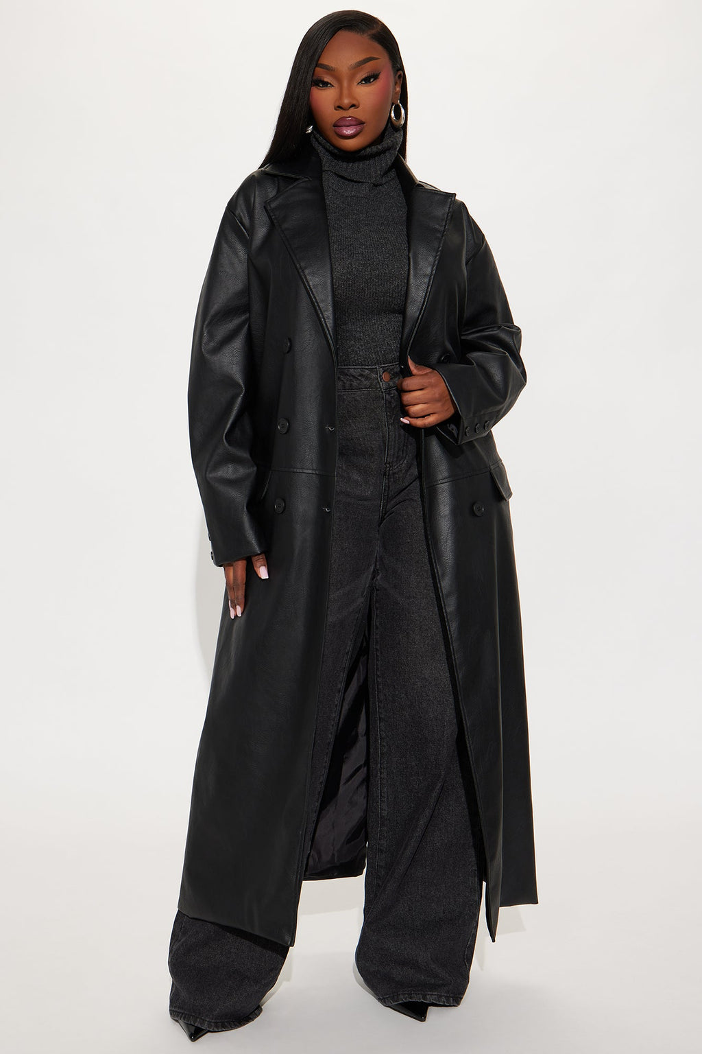 Drew Faux Leather Trench Coat - Black