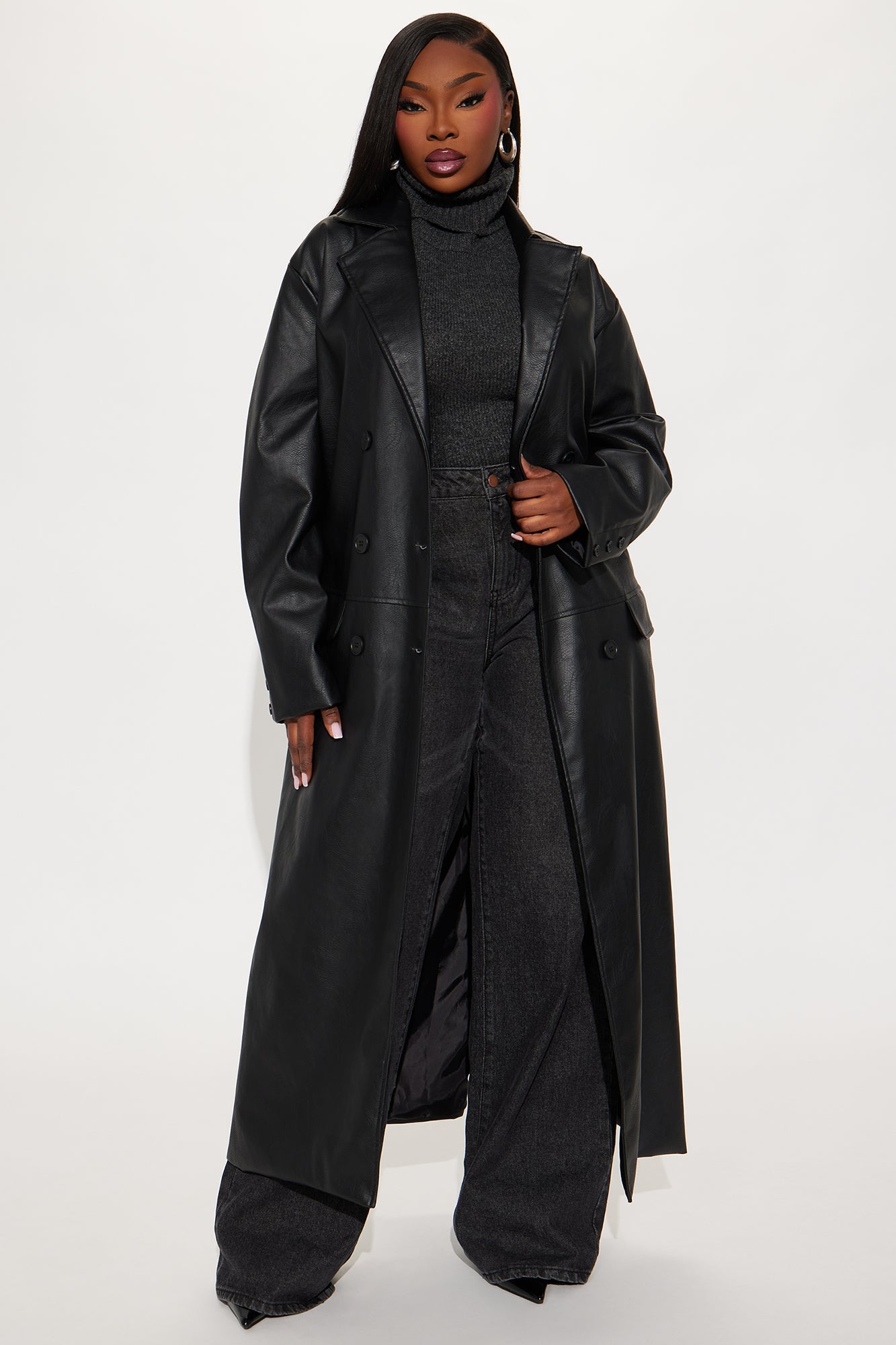 Drew Faux Leather Trench Coat - Black