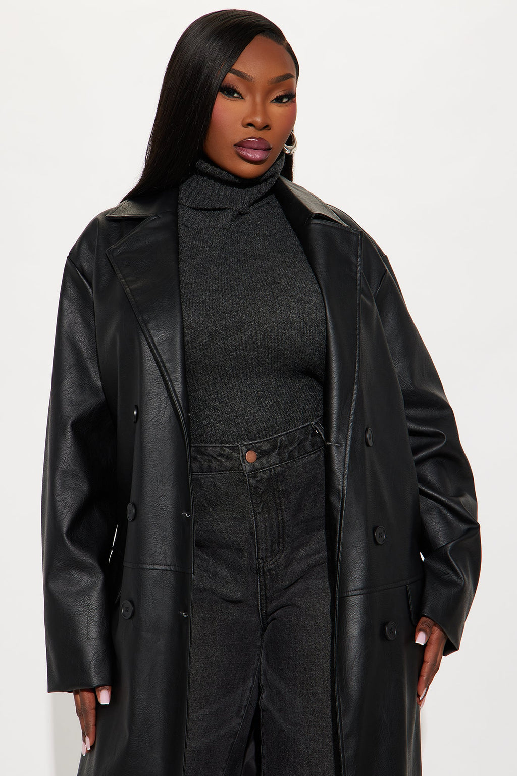 Drew Faux Leather Trench Coat - Black