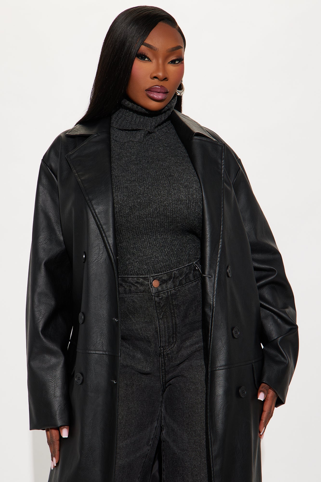 Drew Faux Leather Trench Coat - Black