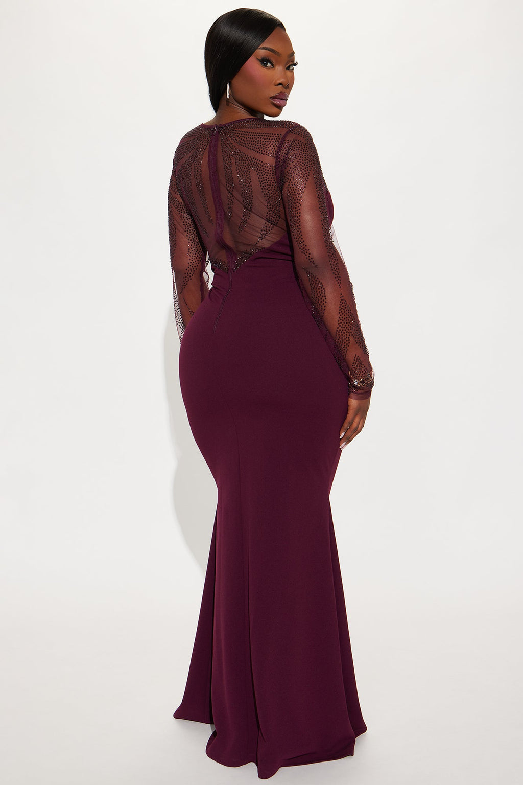 Karlee Rhinestone Long Sleeve Gown - Burgundy