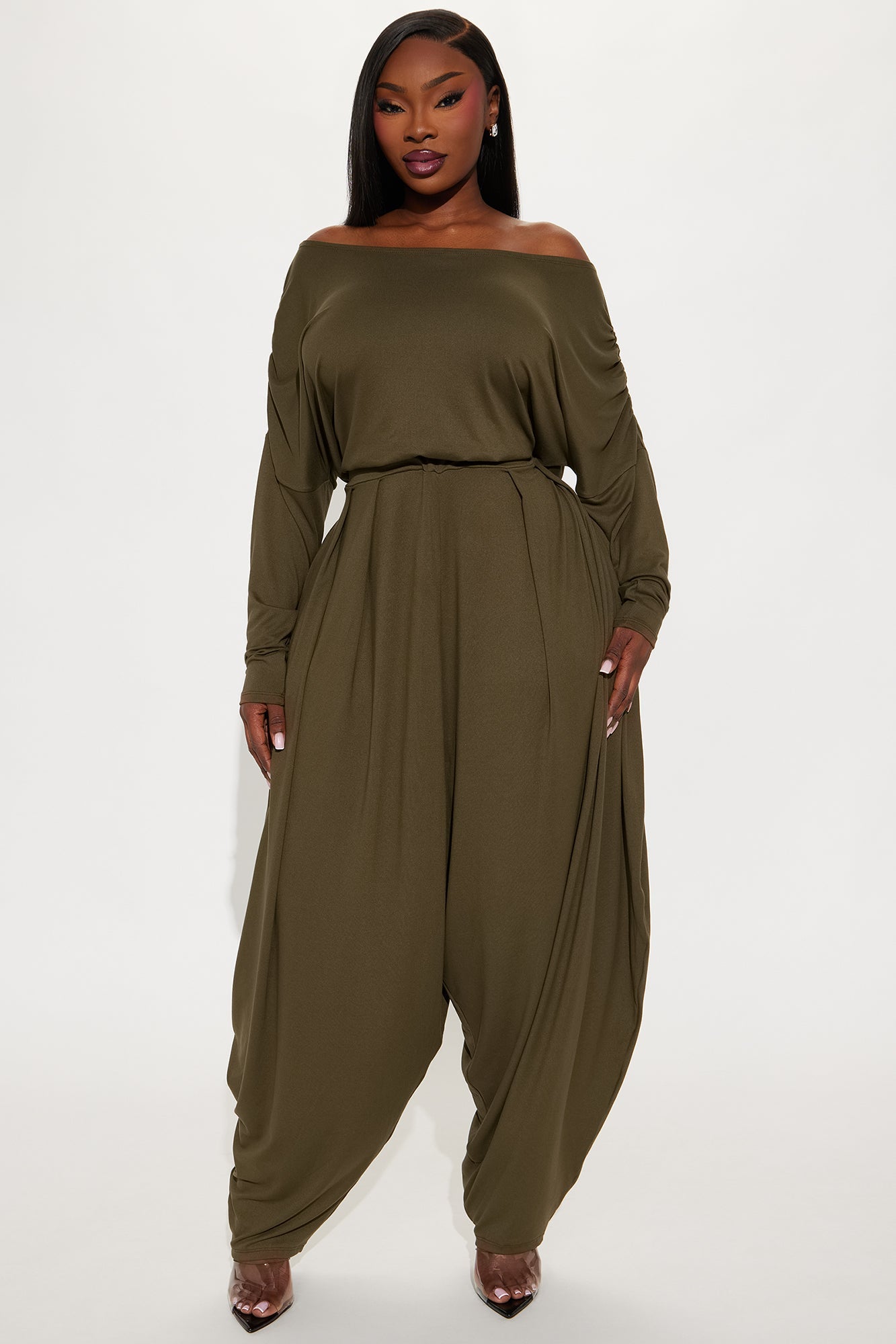 Jessie Balloon Leg Off Shoulder Jumpsuit - Olive