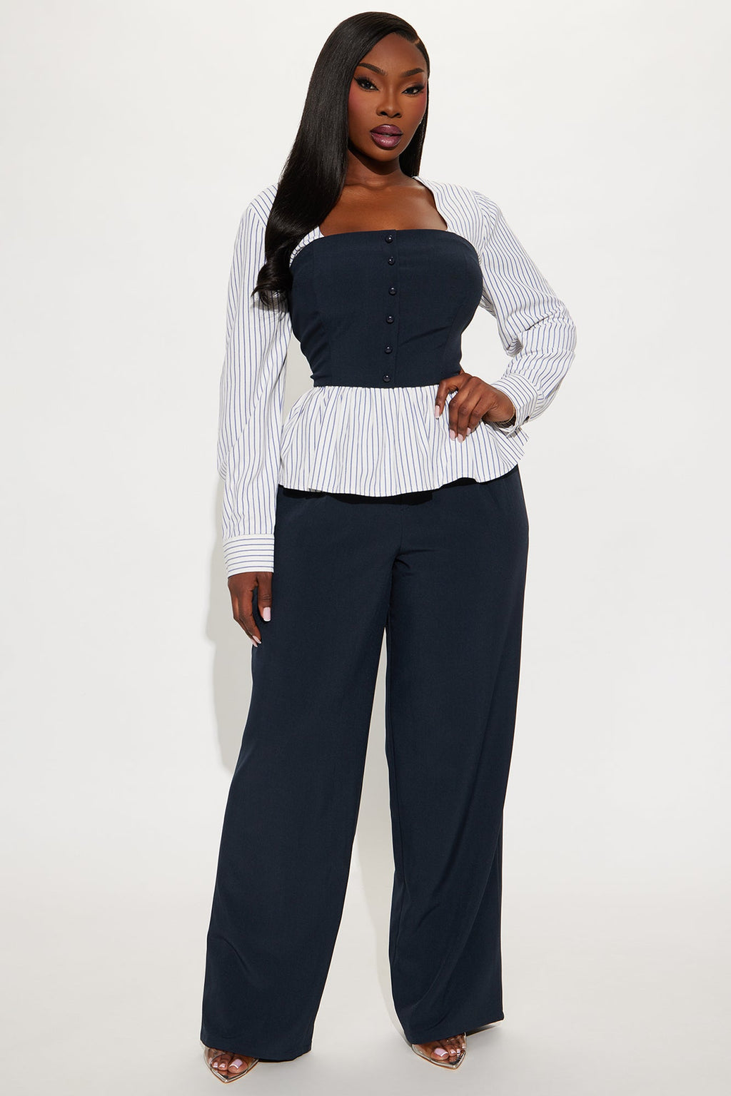 Nina Pinstripe Wide Leg Pant Set - Navy
