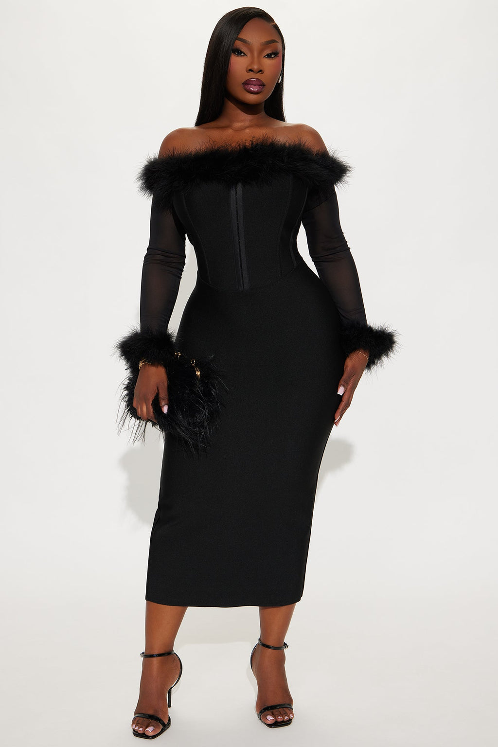 Fur Real Corset Waist Bandage Midi Dress - Black