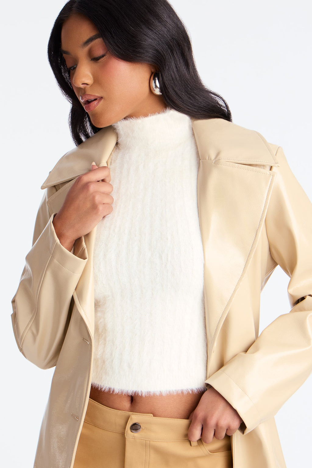 Kelis Faux Leather Trench Coat - Beige