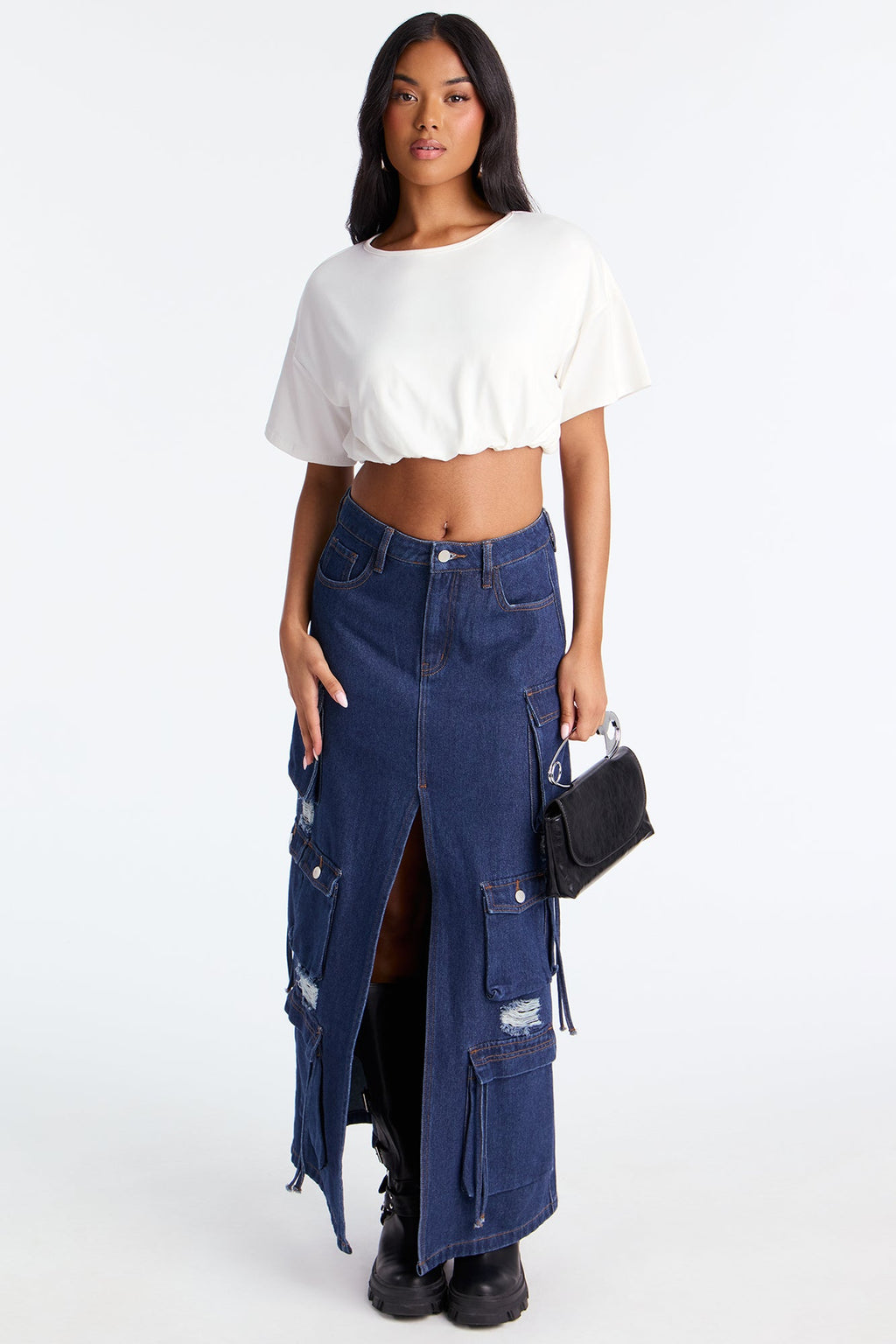 Out Of Town Cargo Denim Maxi Skirt - Rinse Blue Wash