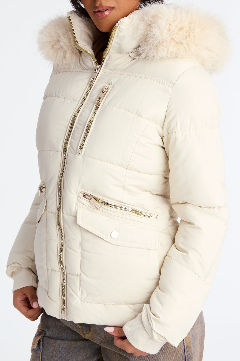 Trip To Aspen Fur Hooded Puffer Jacket - Pearl