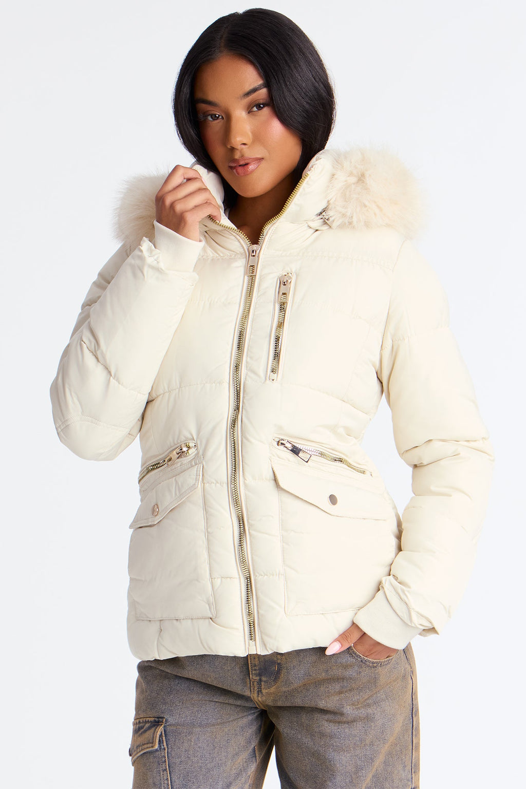 Trip To Aspen Fur Hooded Puffer Jacket - Pearl
