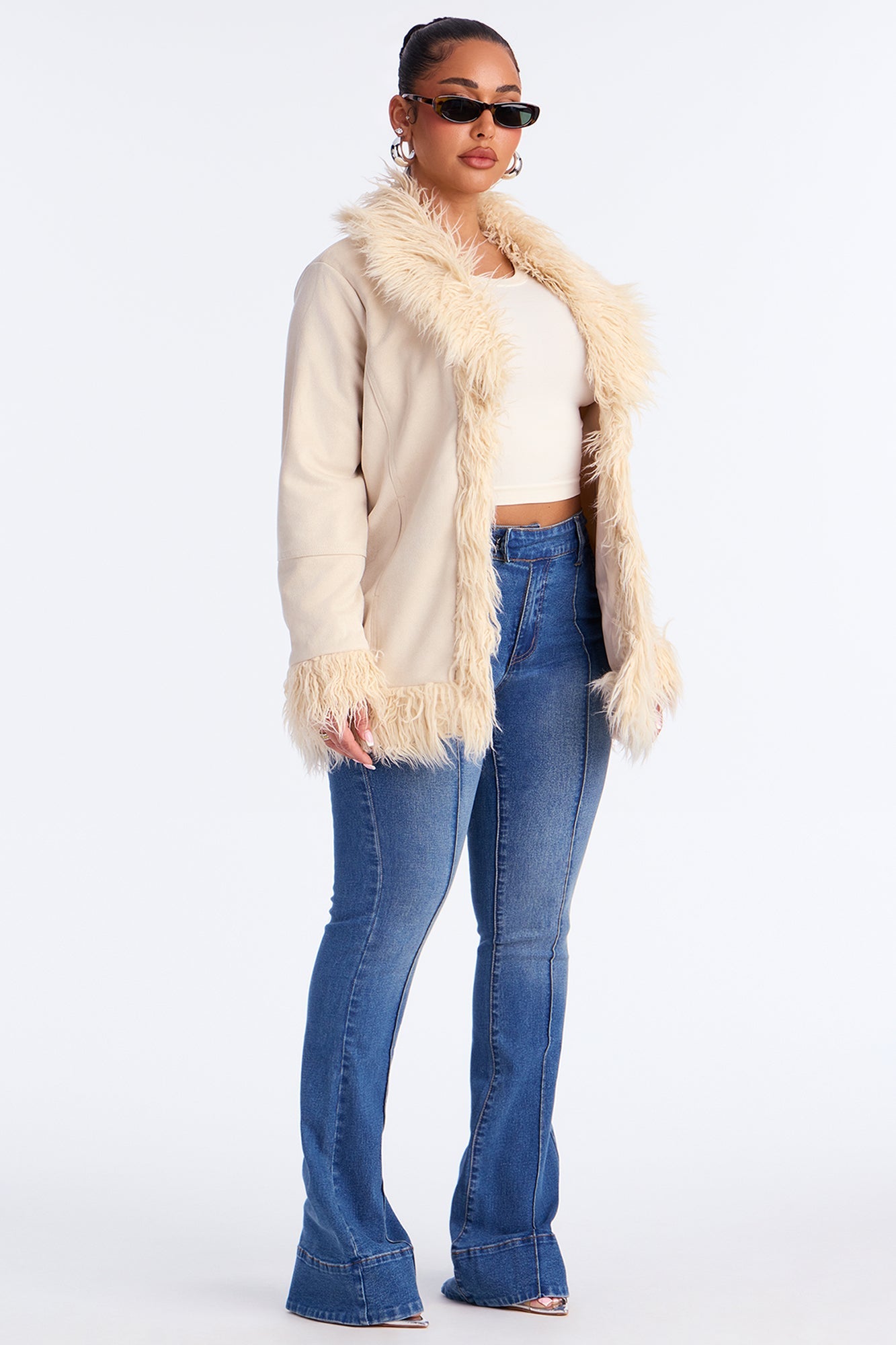 Raven Fur Trim Faux Suede Coat - Ivory