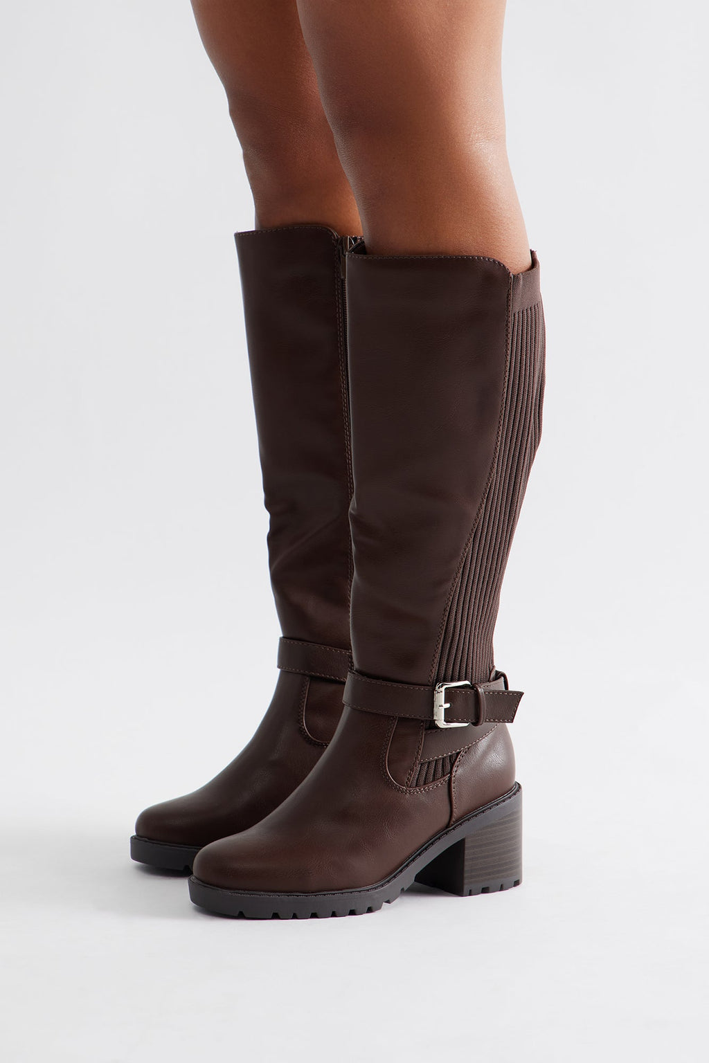 Daya Buckle Knee High Boots - Brown