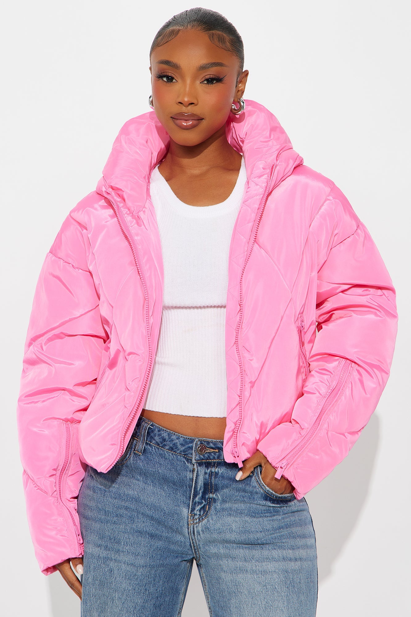 Biggest Fan Cropped Puffer Jacket - Hot Pink