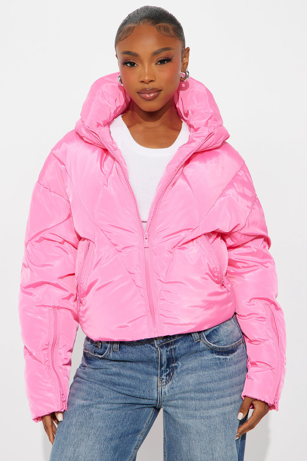 Biggest Fan Cropped Puffer Jacket - Hot Pink