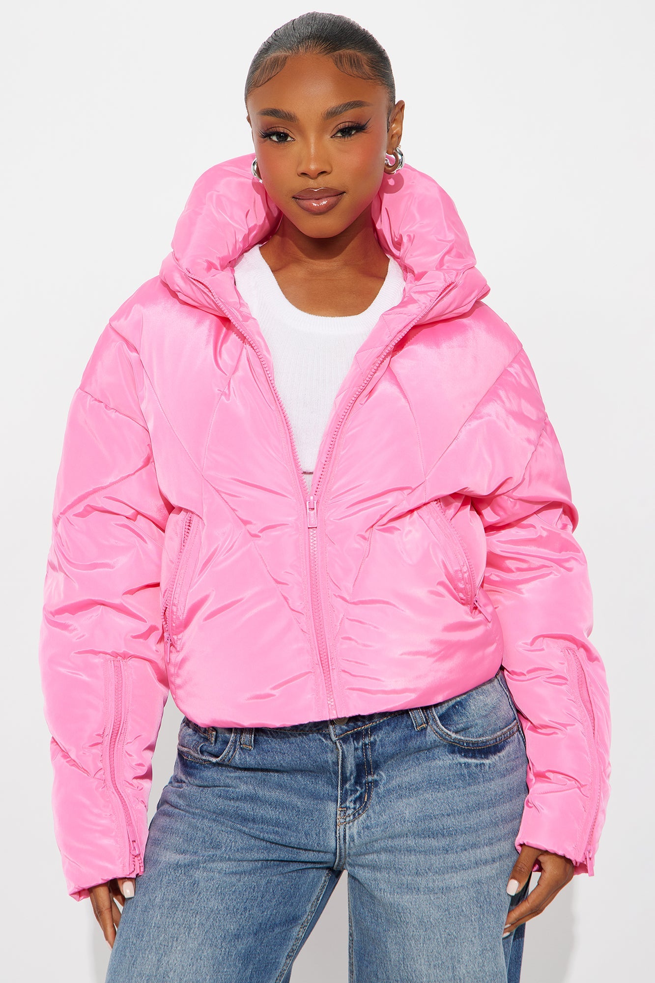 Biggest Fan Cropped Puffer Jacket - Hot Pink