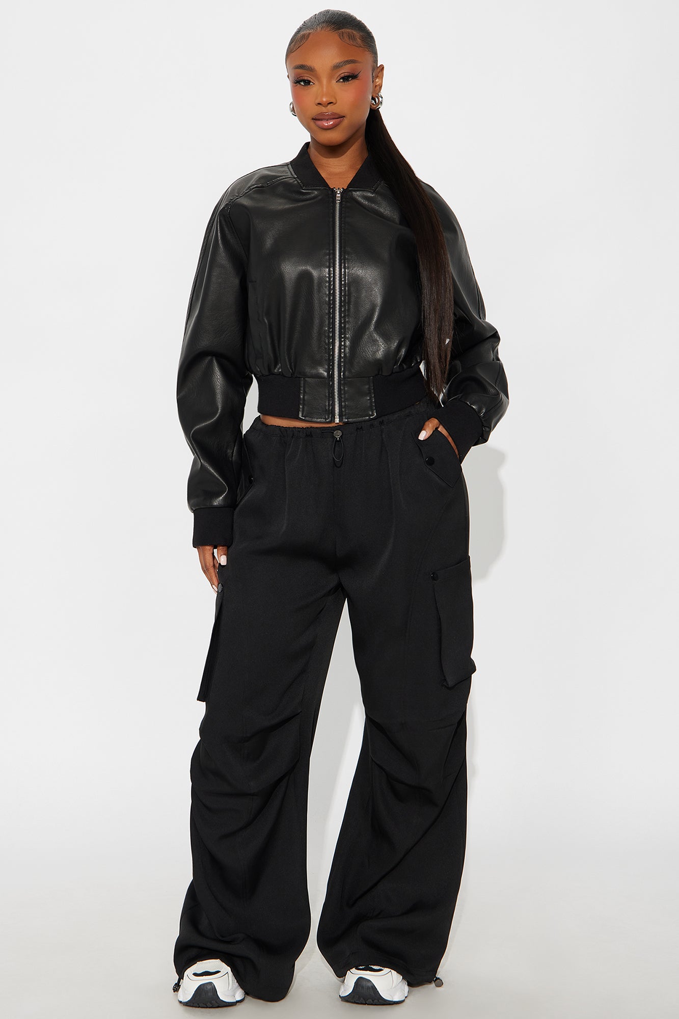 Reese Cropped Faux Leather Bomber Jacket - Black