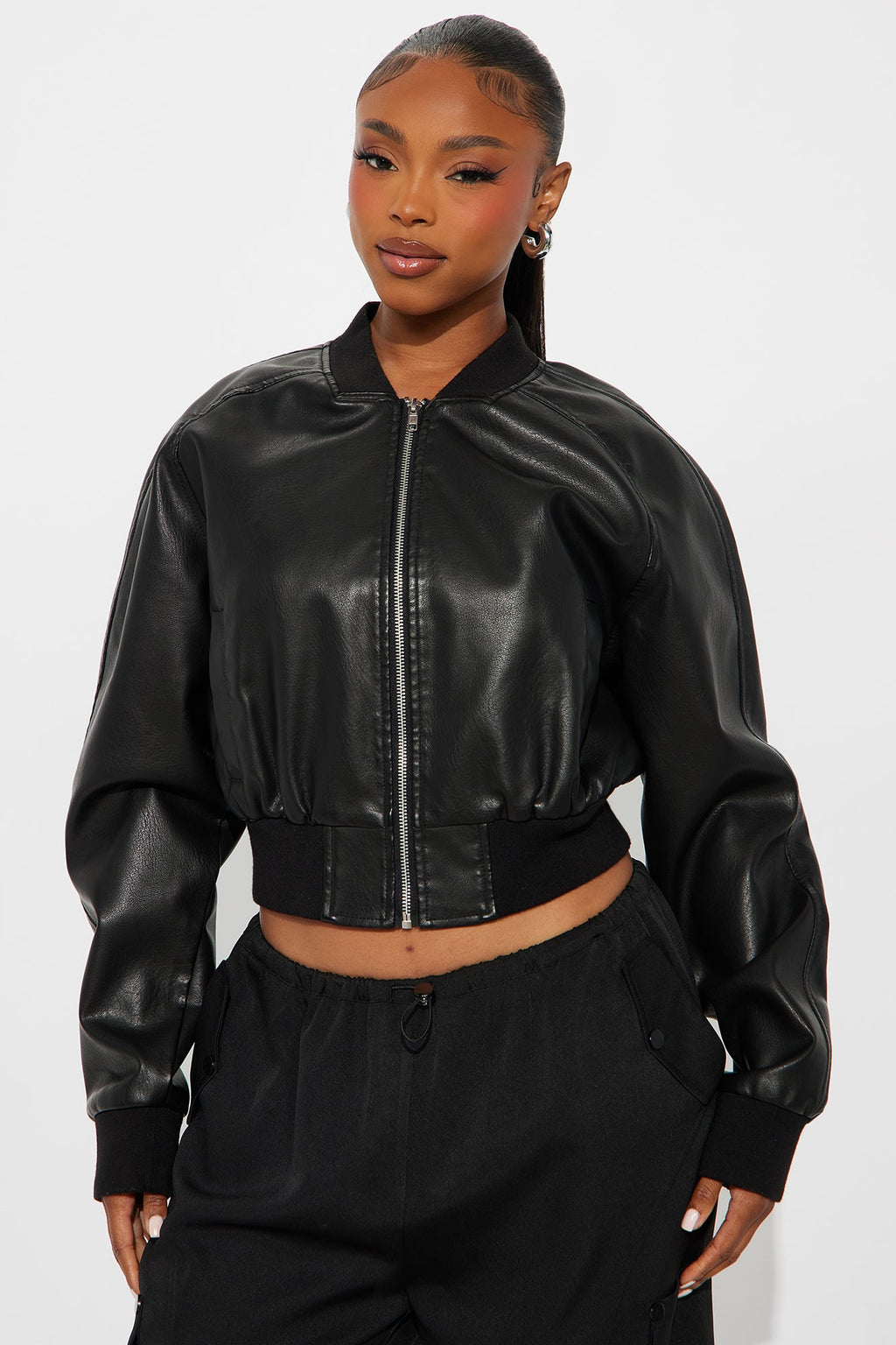 Reese Cropped Faux Leather Bomber Jacket - Black