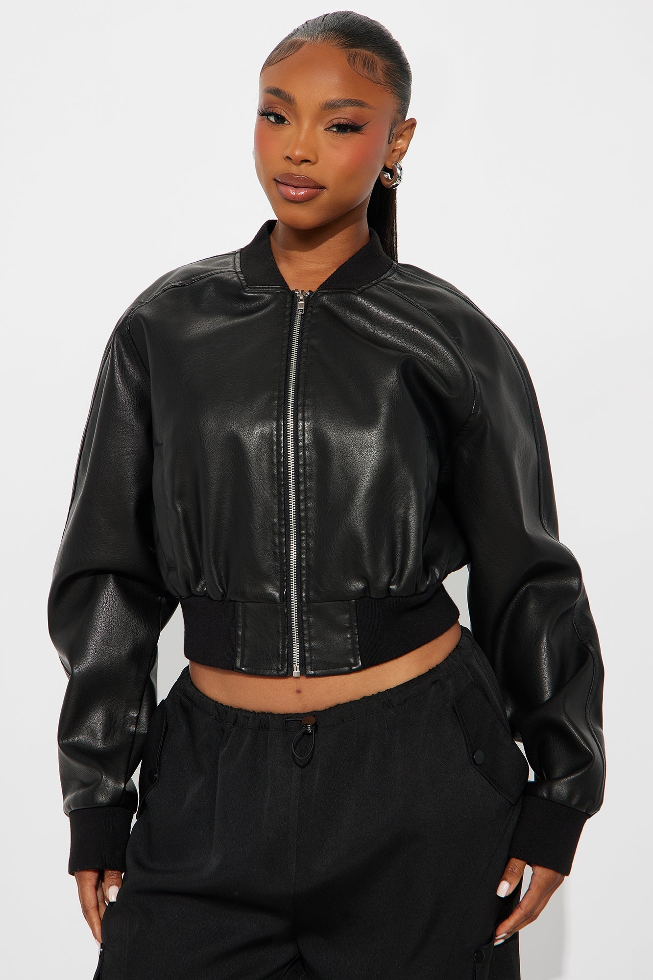 Reese Cropped Faux Leather Bomber Jacket - Black