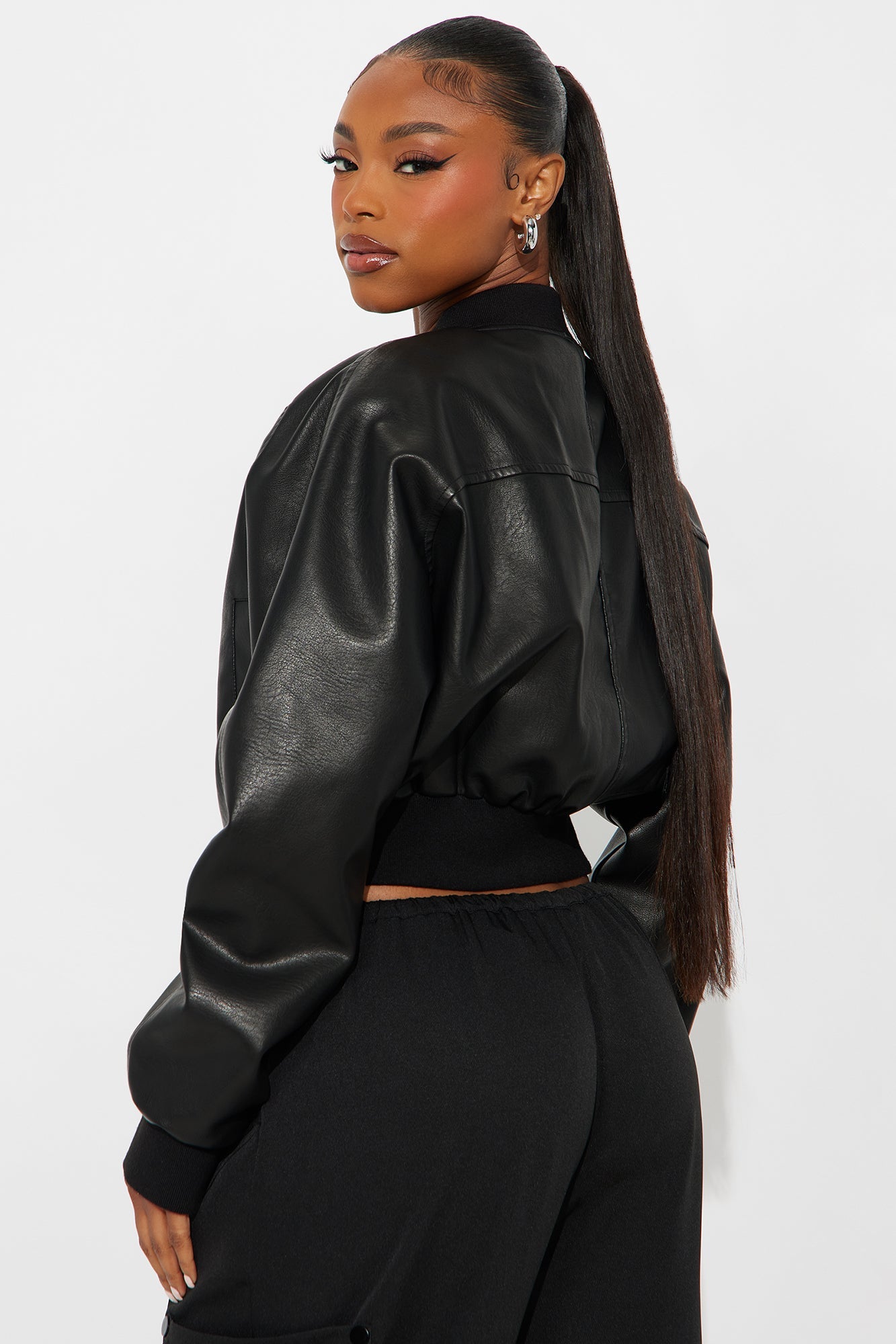 Reese Cropped Faux Leather Bomber Jacket - Black