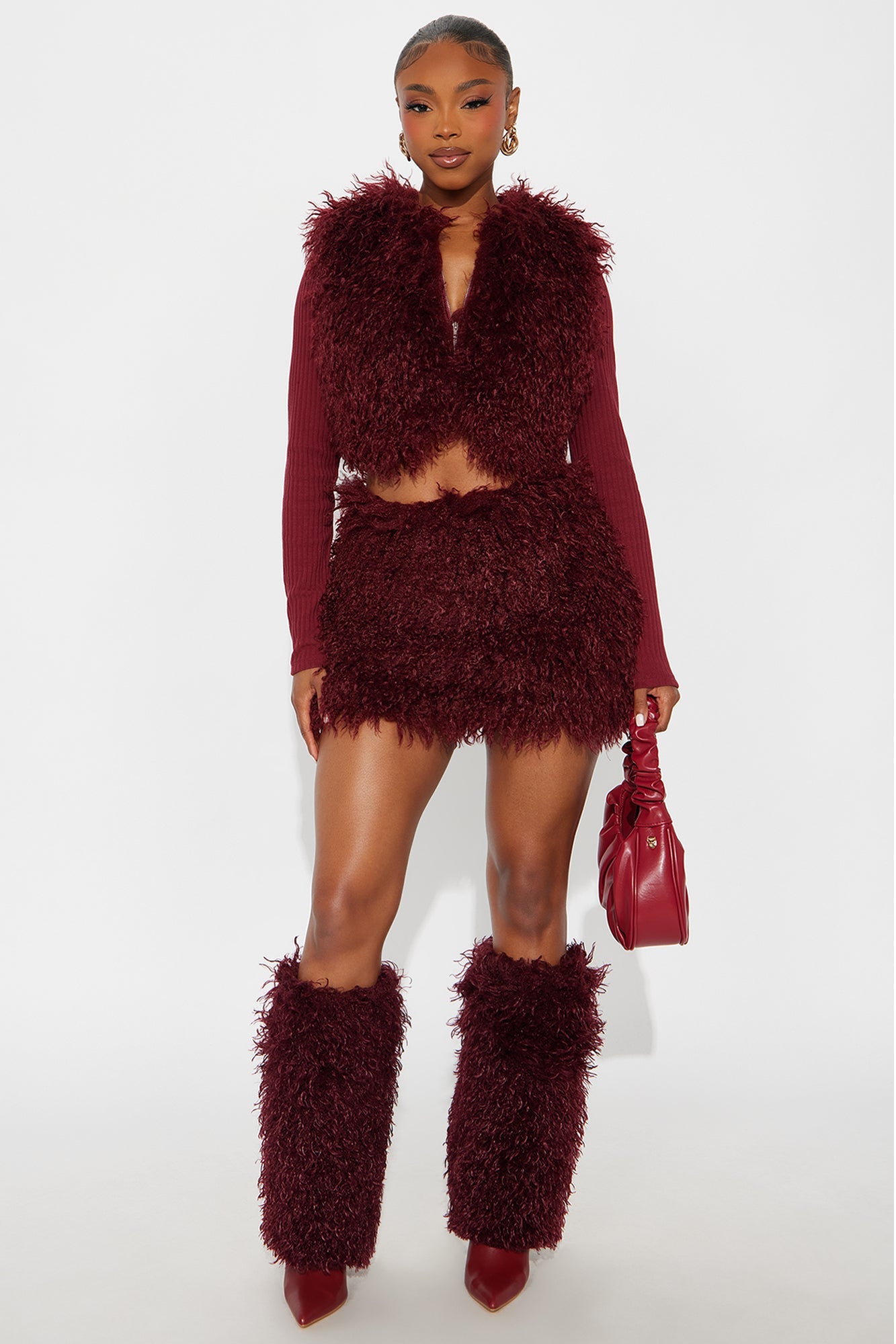 Fur Fierce Faux Fur Cardigan Skirt Set - Burgundy