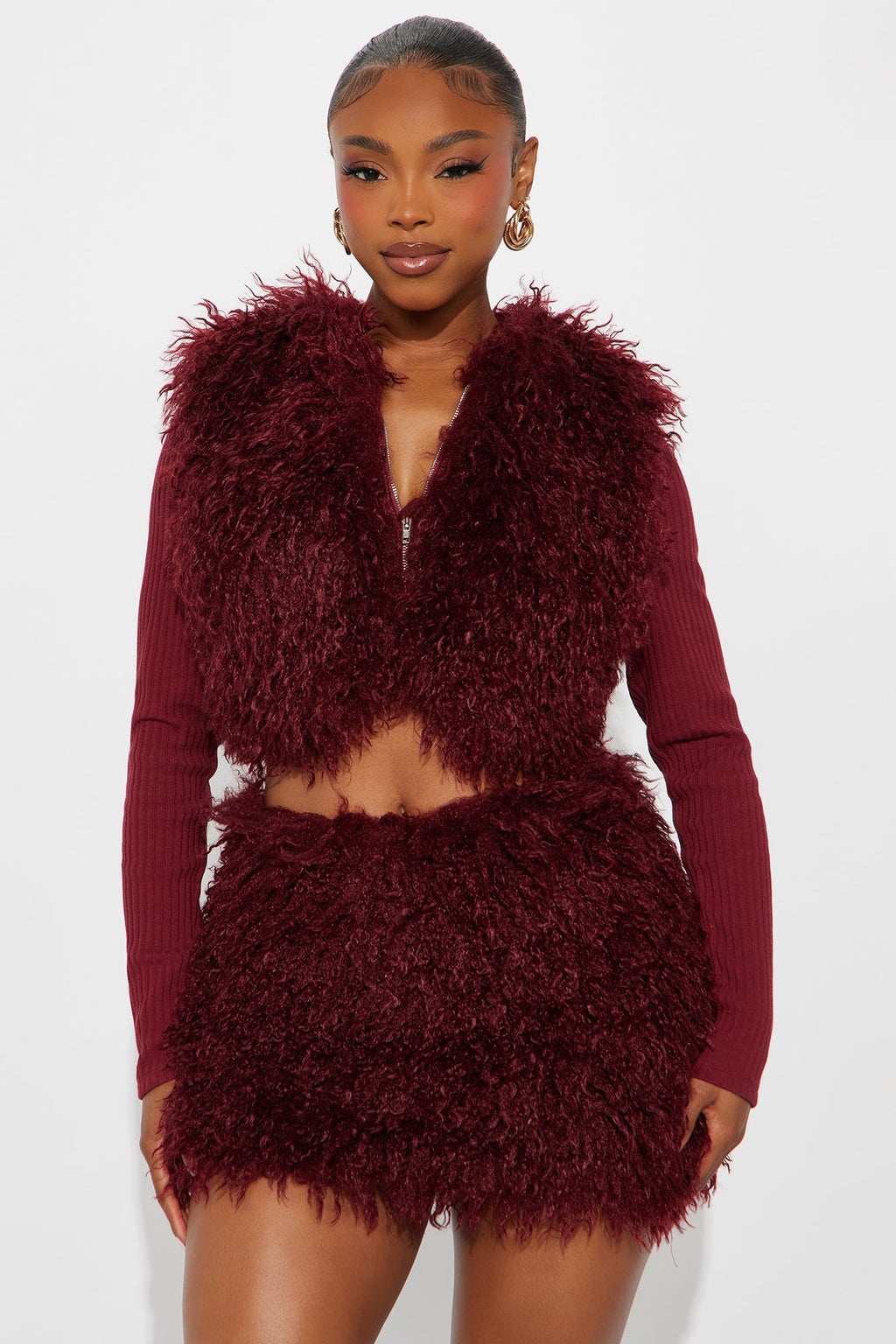 Fur Fierce Faux Fur Cardigan Skirt Set - Burgundy